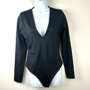 Good American Black Deep V Neck Long Sleeve Thong Bodysuit Size L New